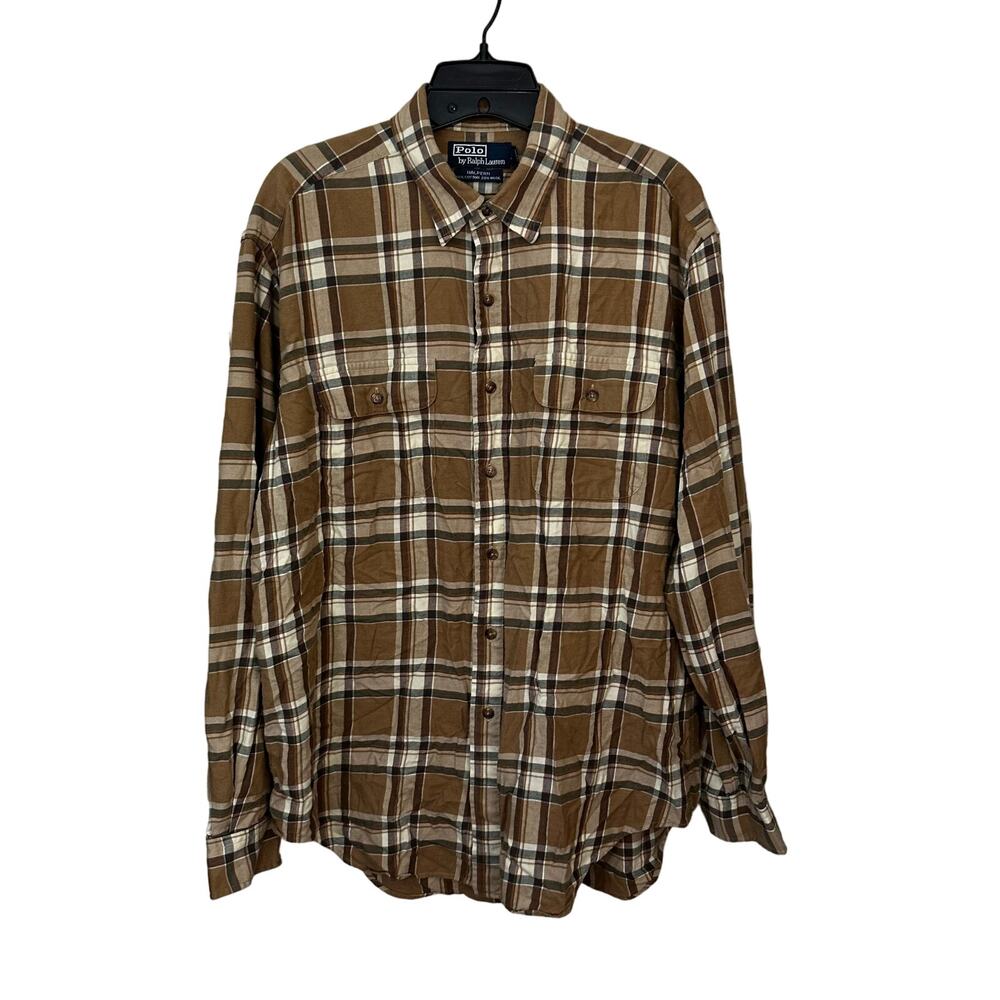Polo Ralph Lauren Halpern Flannel Shirt Mens Large Brown Plaid Button Up Pockets